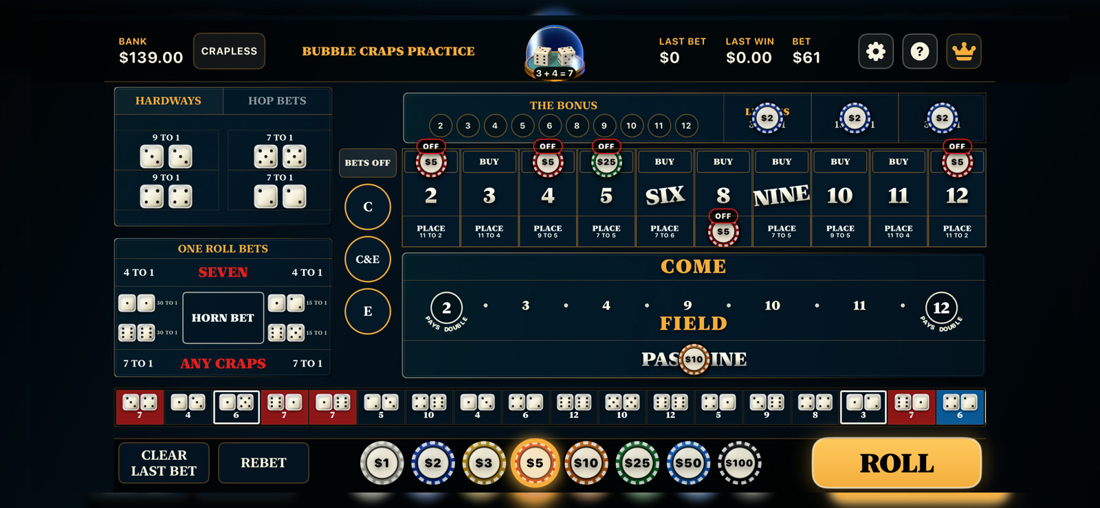 Premium Crapless table with number bets from two through twelve and The Bonus side bets