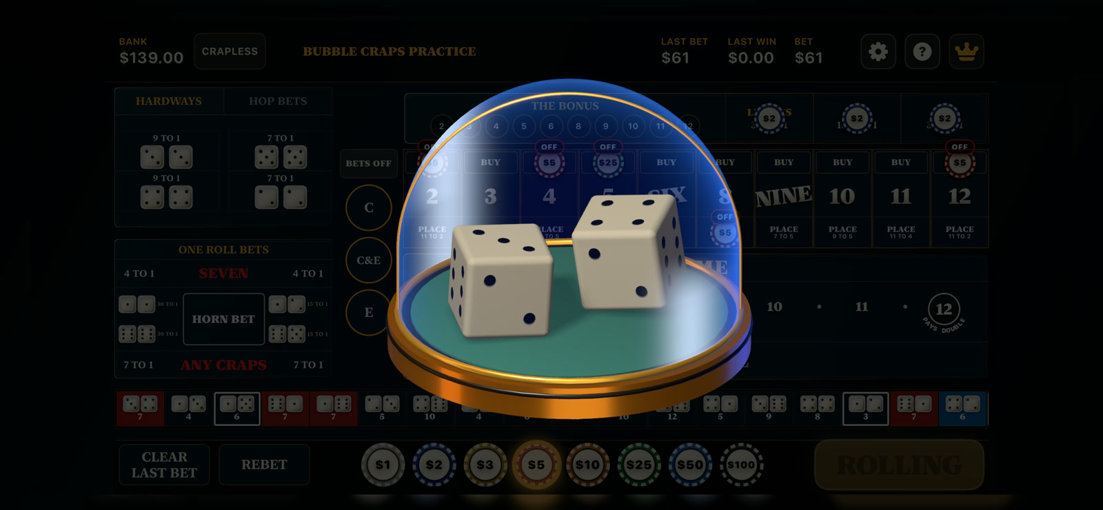 Ivory 3D dice tumbling inside the blue glass bubble above the craps table