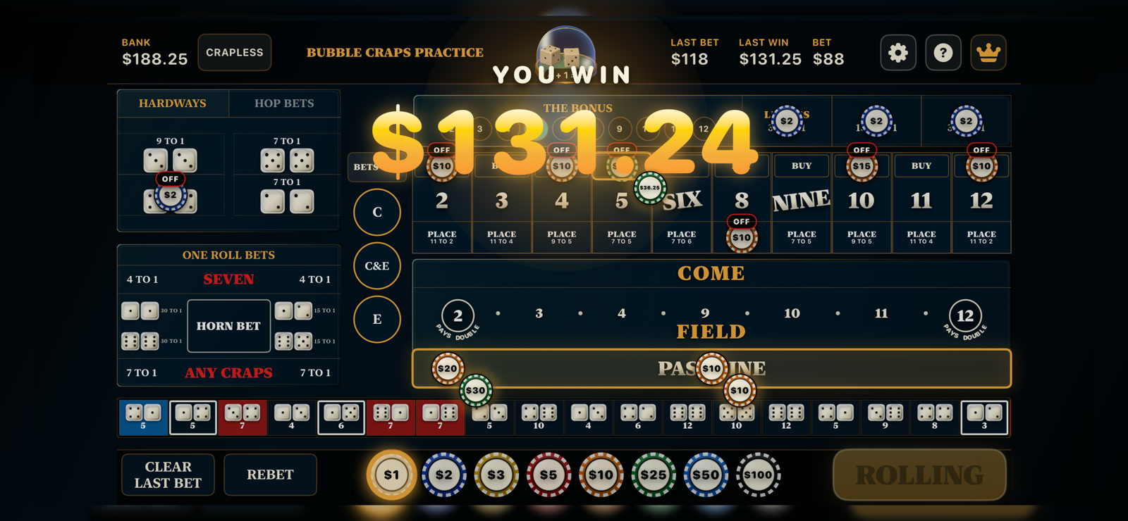 Crapless table displaying an animated virtual win and chip payouts