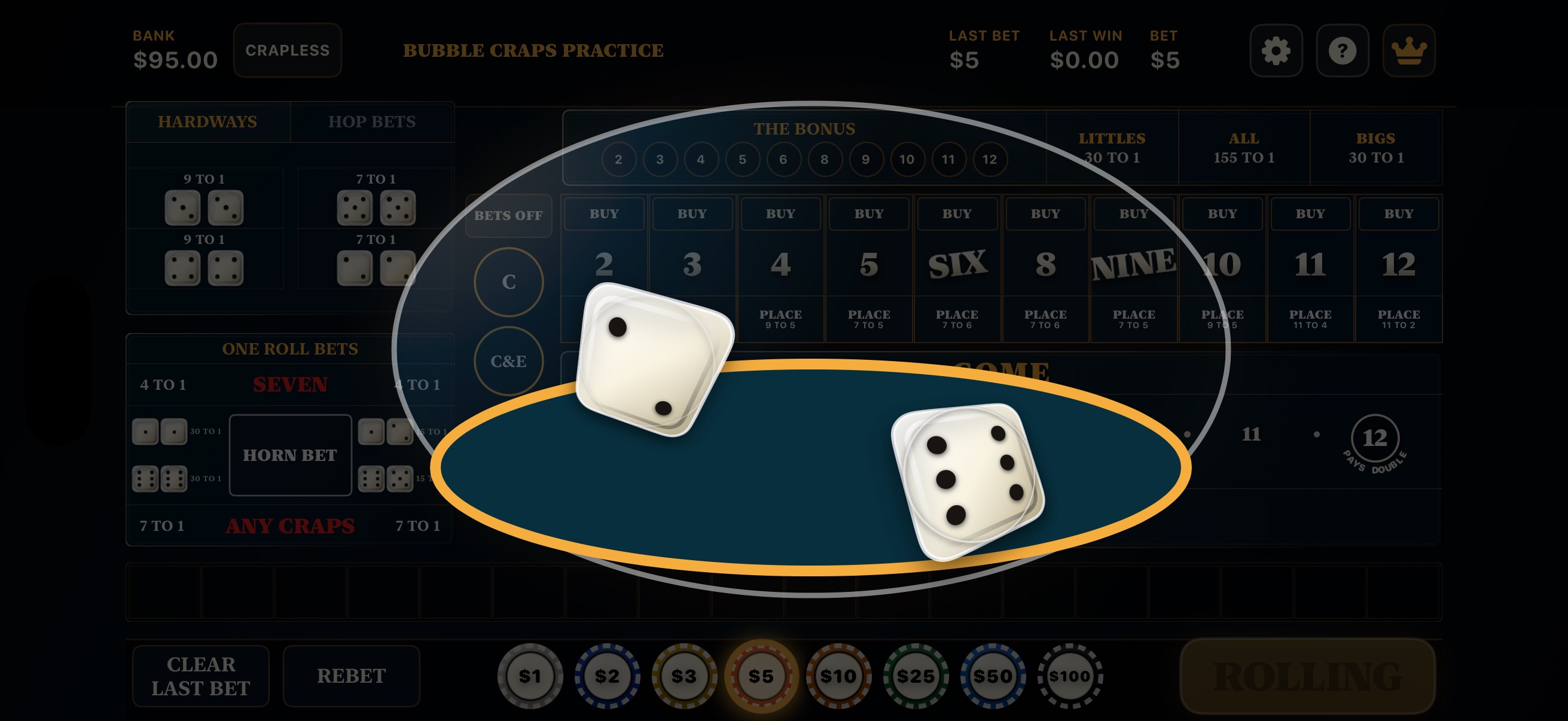 Bubble Craps Practice physics dice rolling inside the animated dome