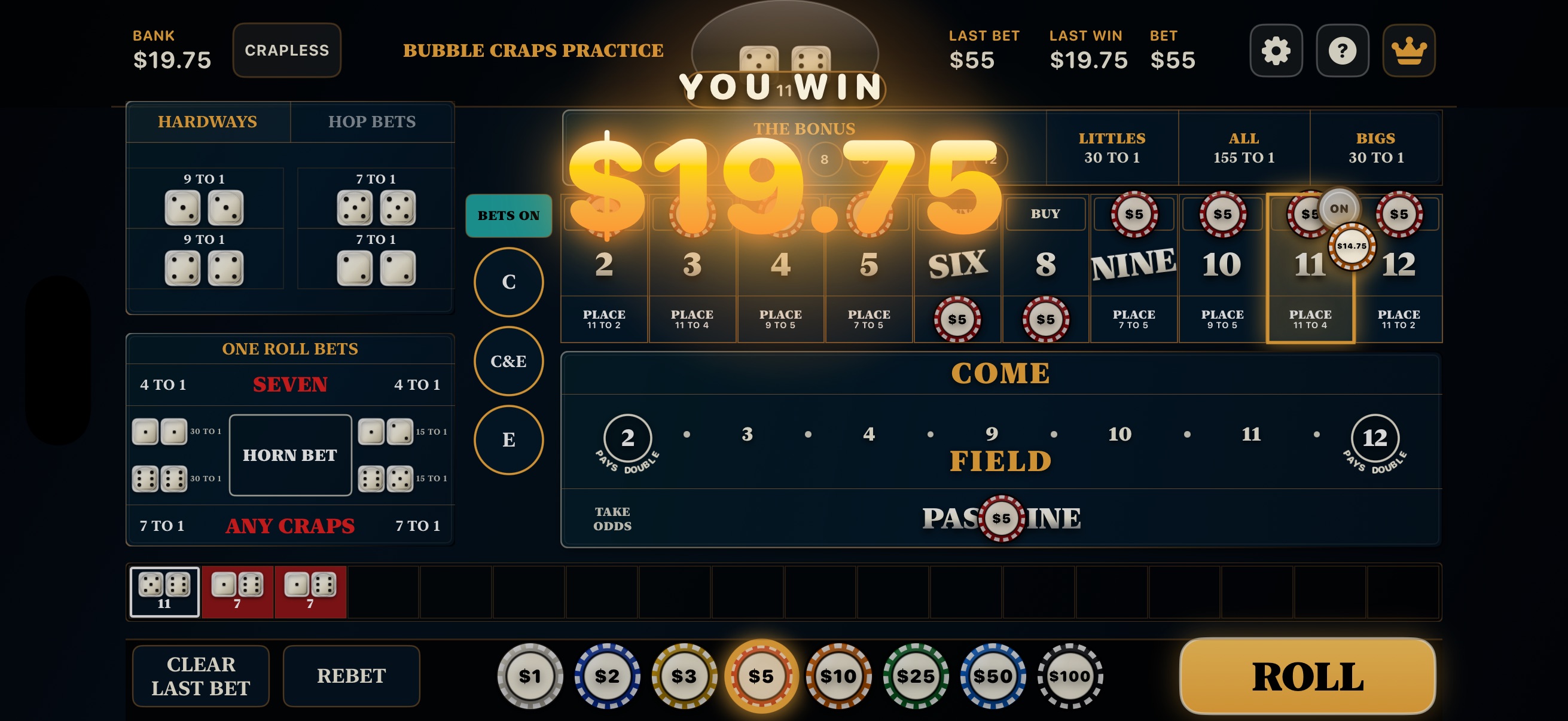 Bubble Craps Practice table showing a winning roll and payout