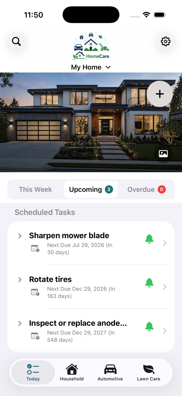 HomeCare mobile app screenshot showing the home dashboard