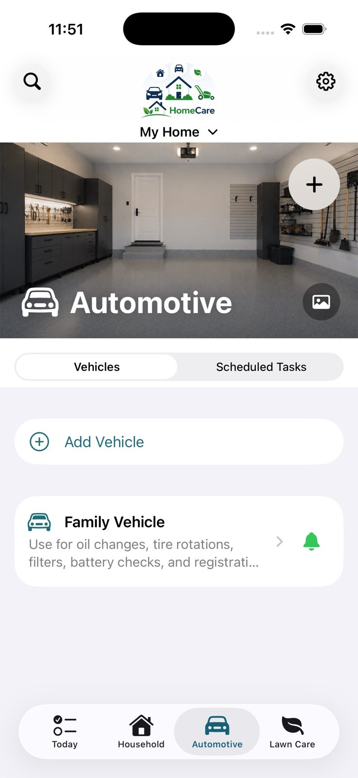 HomeCare mobile app screenshot showing homeowner task planning