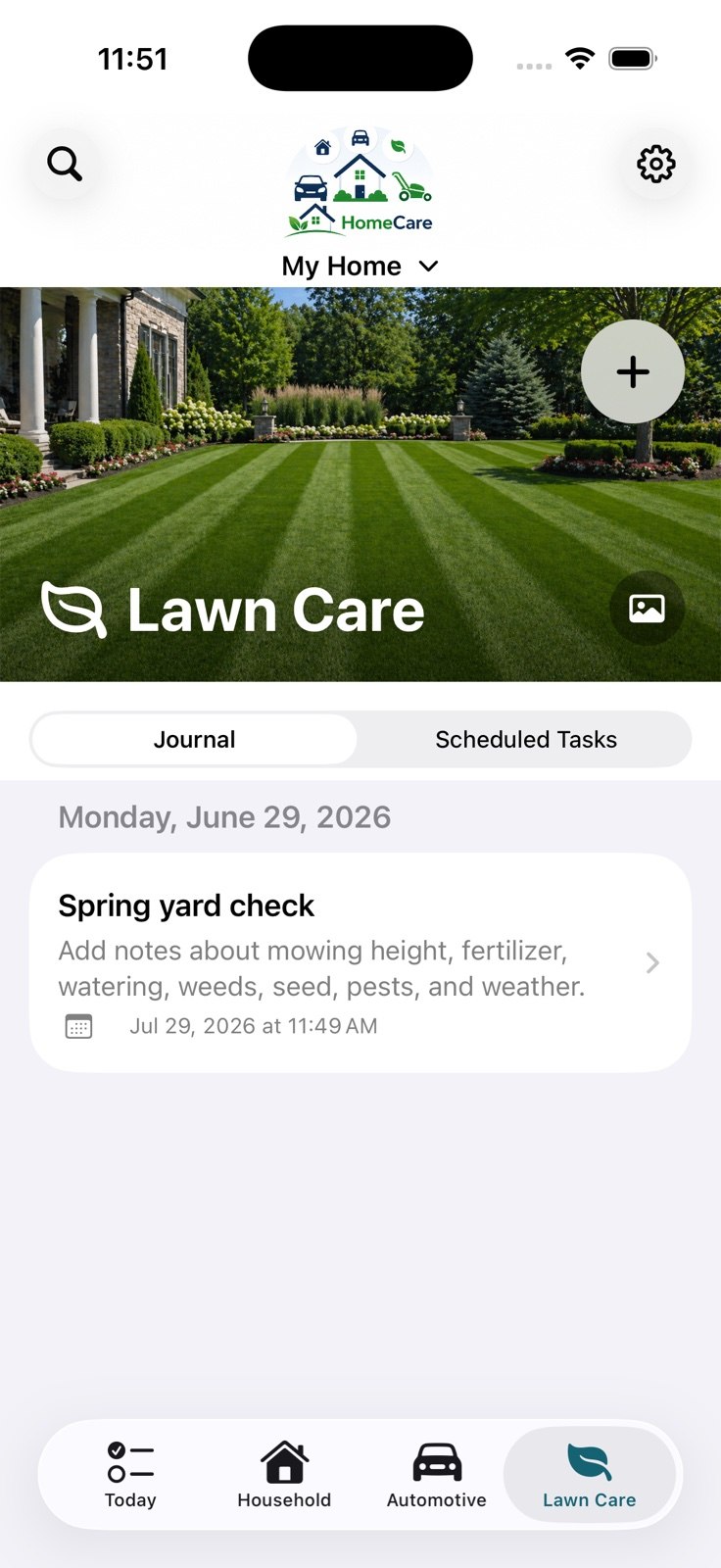 HomeCare mobile app screenshot showing maintenance organization